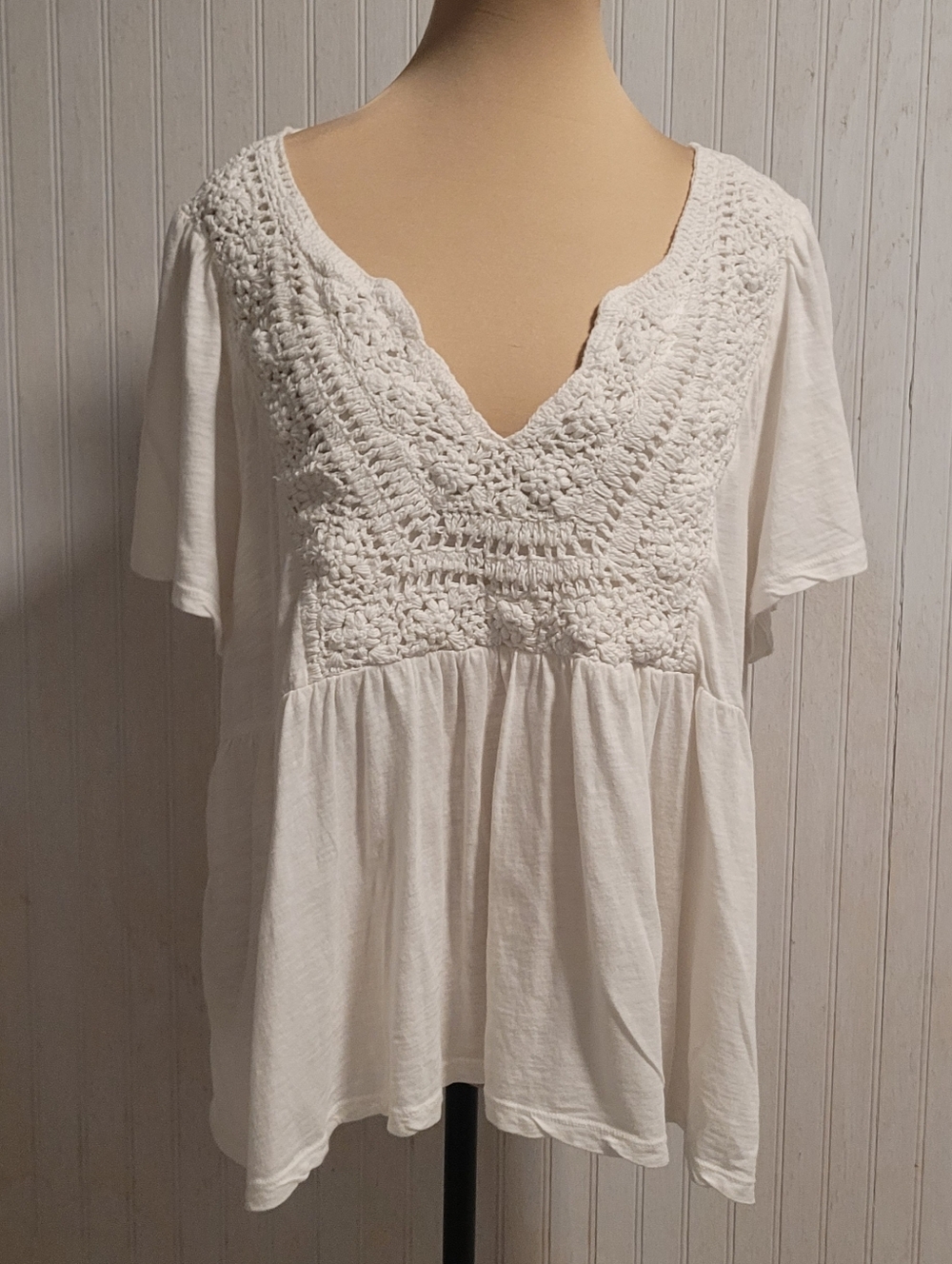 ​Lucky Brand White Crochet Lace V-Neck Babydoll Top Size XL
